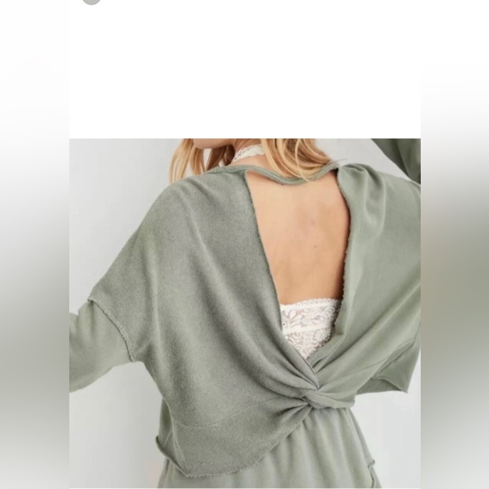 Aerie Open Back Twist Knot Green Sweetshirt Oversized Size XS NWT